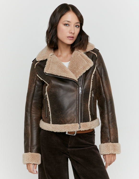 Tally Weijl brown aviator jacket with beige shearling trim, front model view