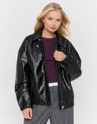 Tally Weijl Black Oversized Faux Leather Jacket worn by model, open jacket view