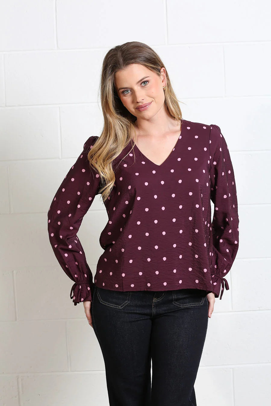 Rant & Rave Sophia top in burgundy dot, front model view