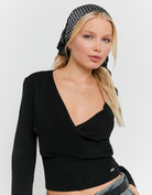 Tally Weijl Black Wrap Knit Jumper worn by model, closer view