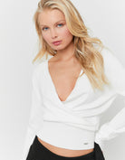 Tally Weijl White Wrap Knit Jumper worn by model, closer view