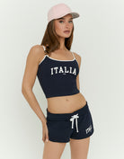 Tally Weijl blue printed shorts worn by model, angled front view