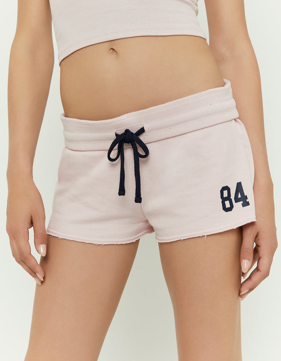 Tally Weijl pink printed shorts detail view with contrast drawstring waistband and 84 print