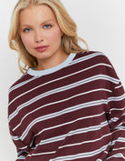 Tally Weijl Burgundy Striped T Shirt worn by model, close up view