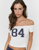 Tally Weijl White Printed Cropped T Shirt worn by model, close up view