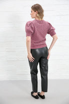 Rant & Rave Victoria Knit Top Pink worn by model, back view showing puff sleeves and ribbed trims