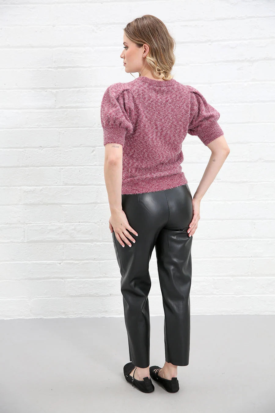 Rant & Rave Victoria Knit Top Pink worn by model, back view showing puff sleeves and ribbed trims