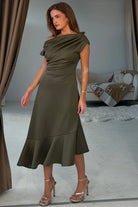Girl In Mind Felicity asymmetric frill midi dress in khaki, angled model view