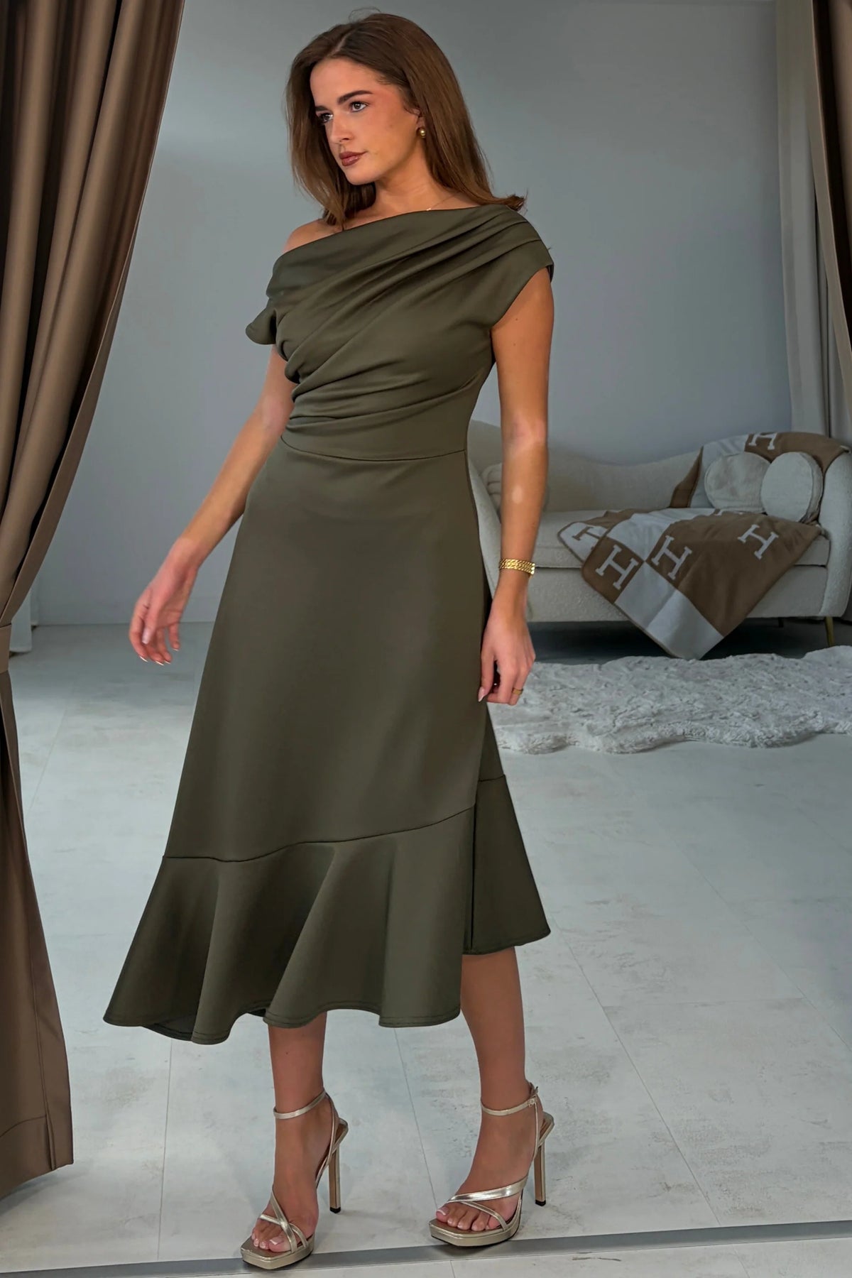 Girl In Mind Felicity asymmetric frill midi dress in khaki, angled model view