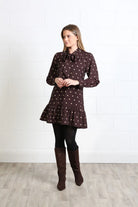 Rant & Rave Annabelle brown polka dot dress, side front model view