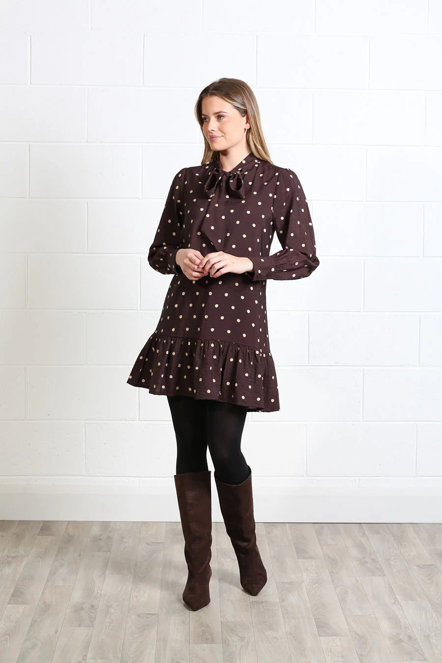Rant & Rave Annabelle brown polka dot dress, side front model view