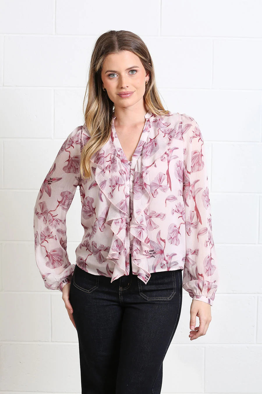 Rant & Rave Anna Frill Top in blush, front model view