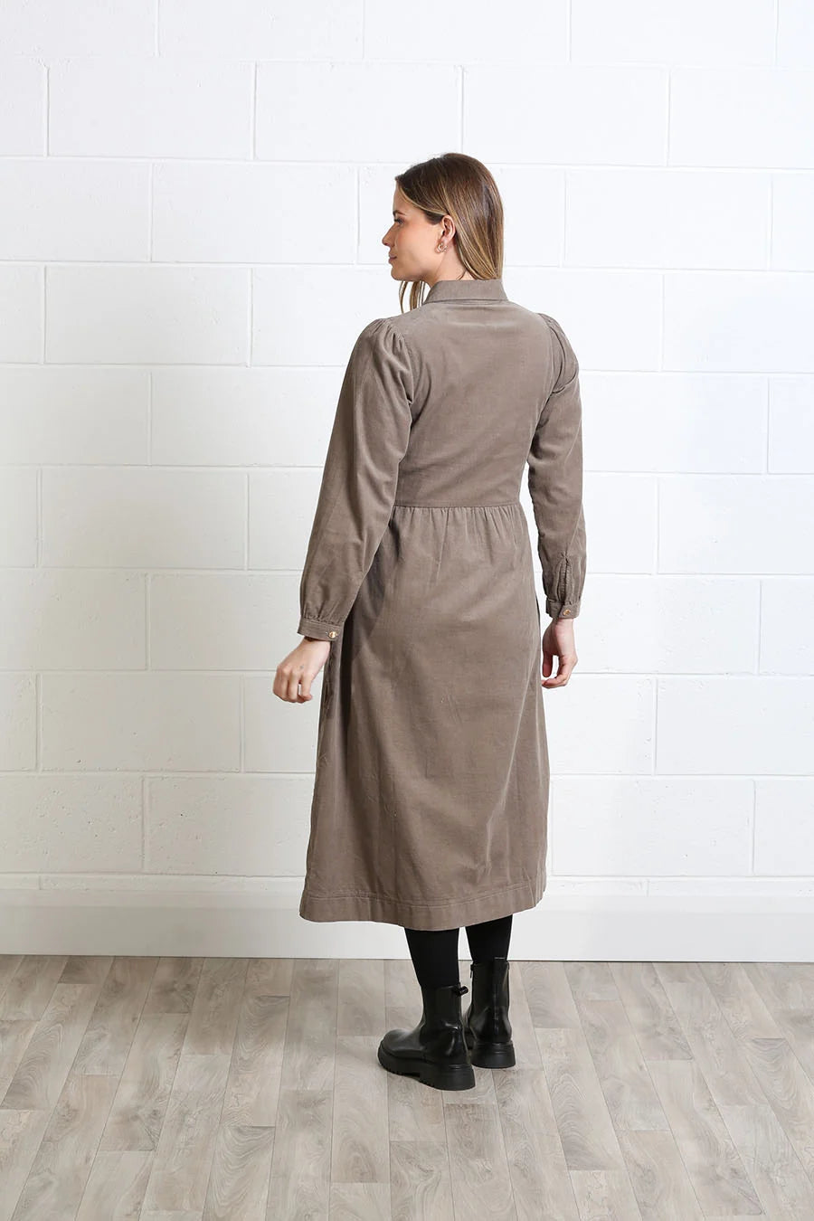 Rant & Rave Hazel Shirt Dress Biscuit in biscuit corduroy, back view worn by model with gathered waist detail.