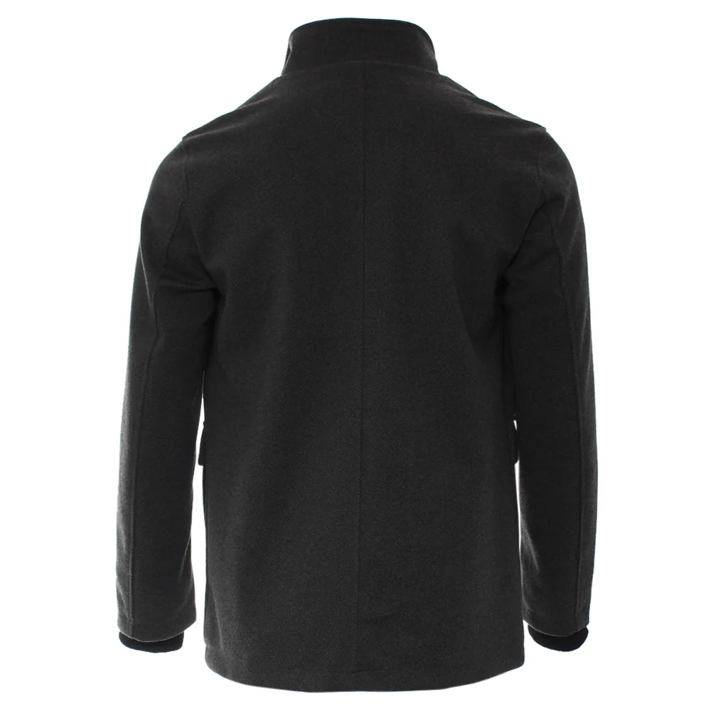 Kenrow Huxley Coat in charcoal, back view showing central seam, high collar and long sleeves with ribbed cuffs.