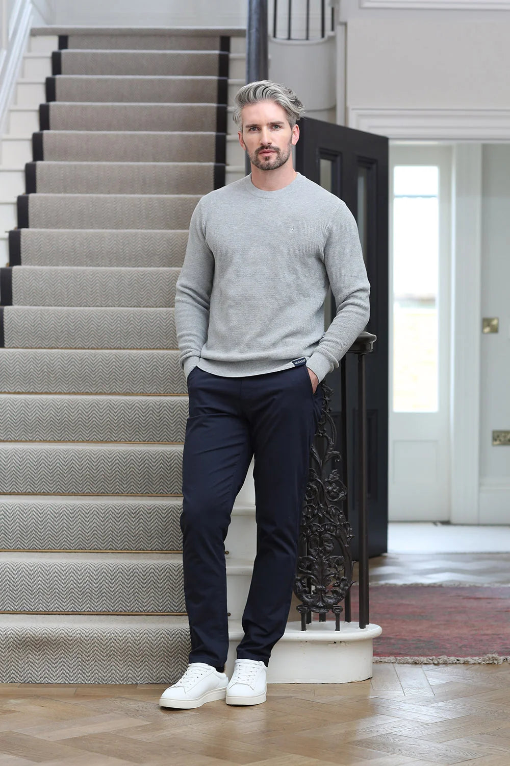 Kenrow Jett Chino Navy, full - length front view worn by model with hands in pockets