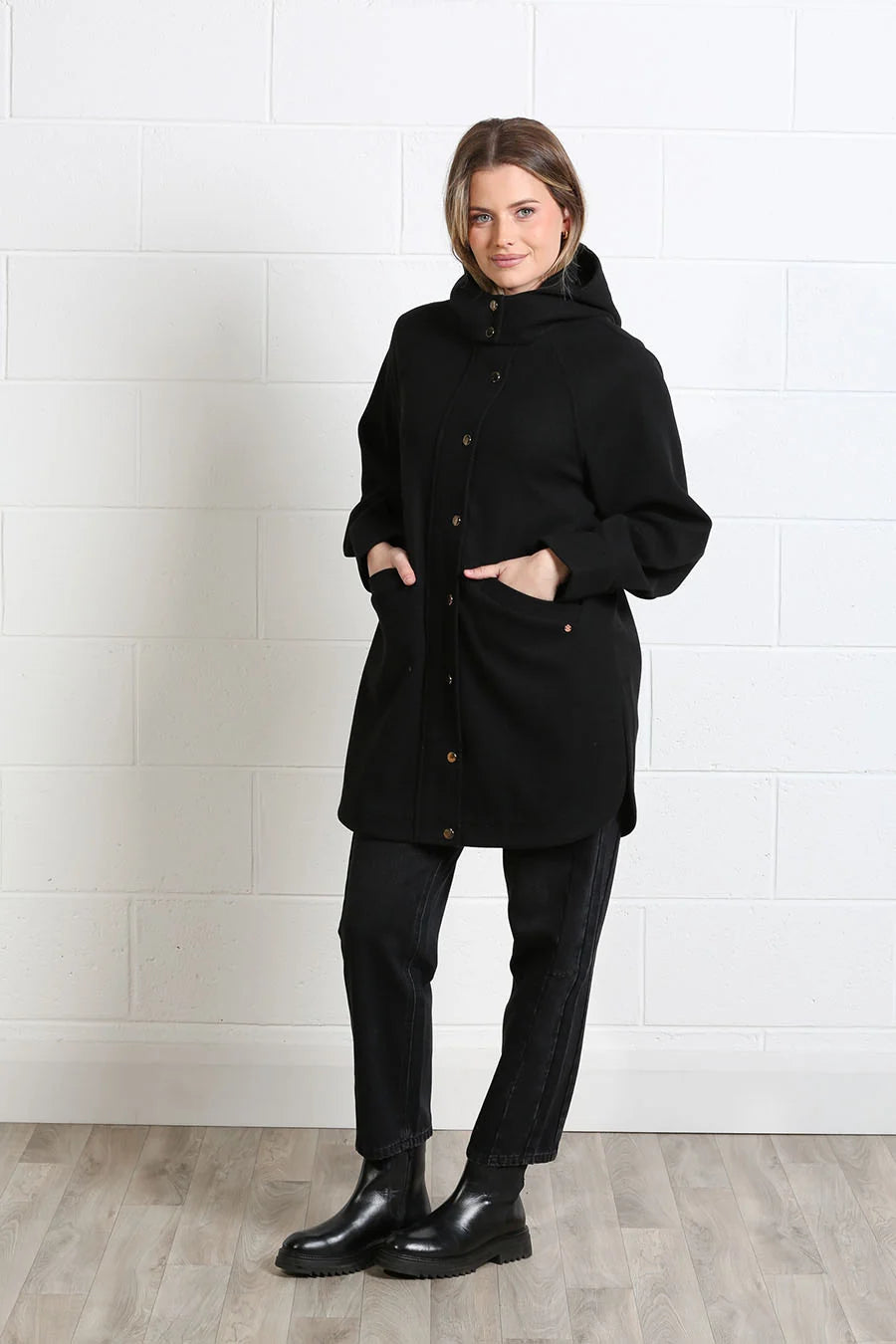 Rant & Rave Joanna Coat in black, angled front model view
