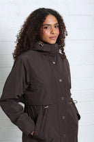 Rant & Rave Relax & Renew Becca jacket in chocolate brown, angled model view showing hood and drawstring waist