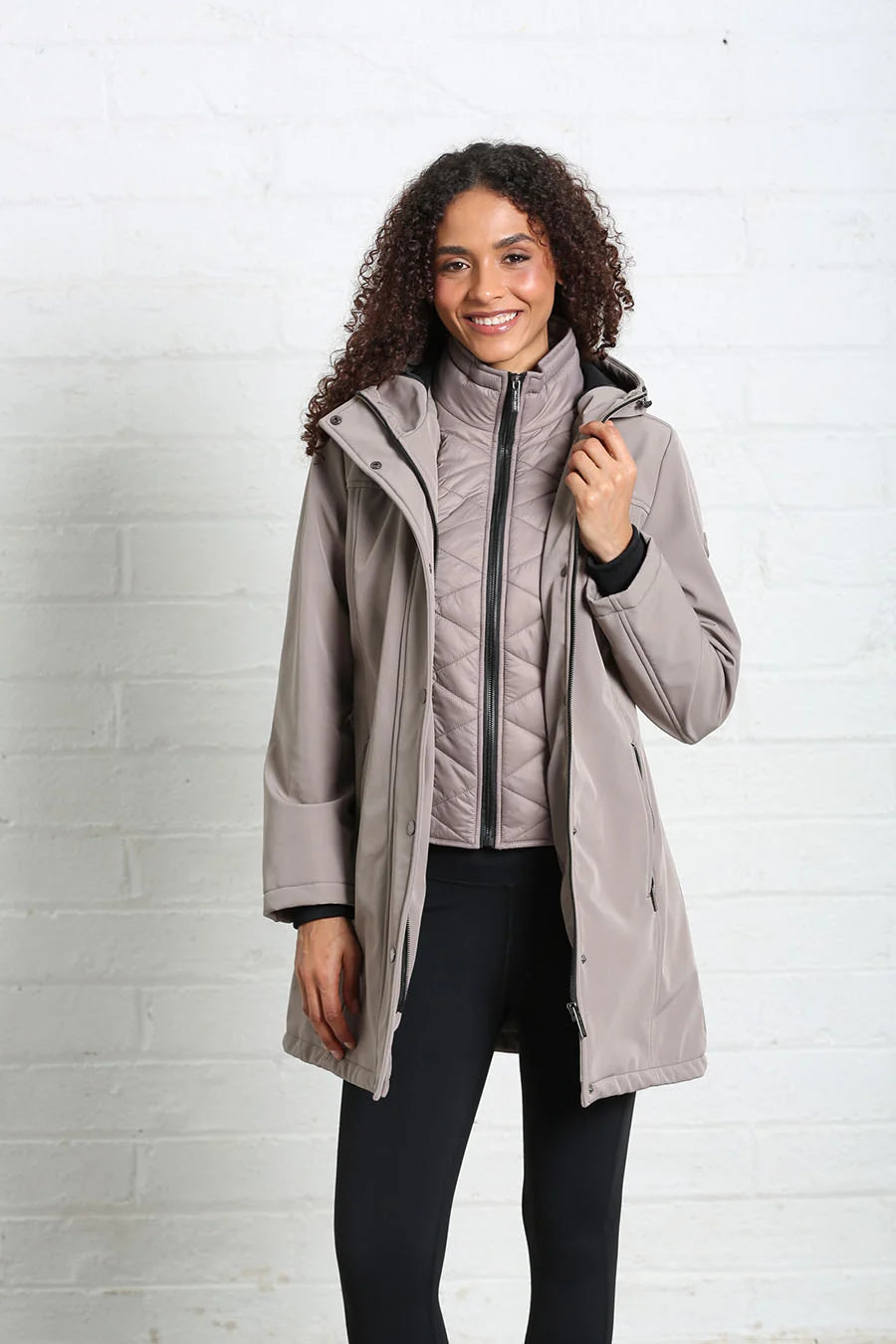 Rant & Rave Relax & Renew Elsie coat in taupe, open front model view showing quilted inner layer