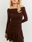 Tally Weijl Brown Mini Dress worn by model, closer view of the front