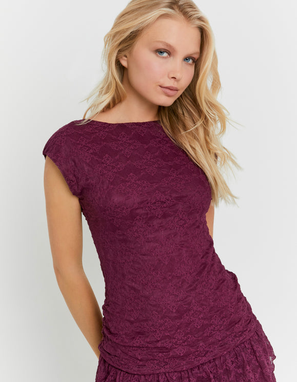 Tally Weijl Burgundy Lace Mini Dress worn by model, detail view