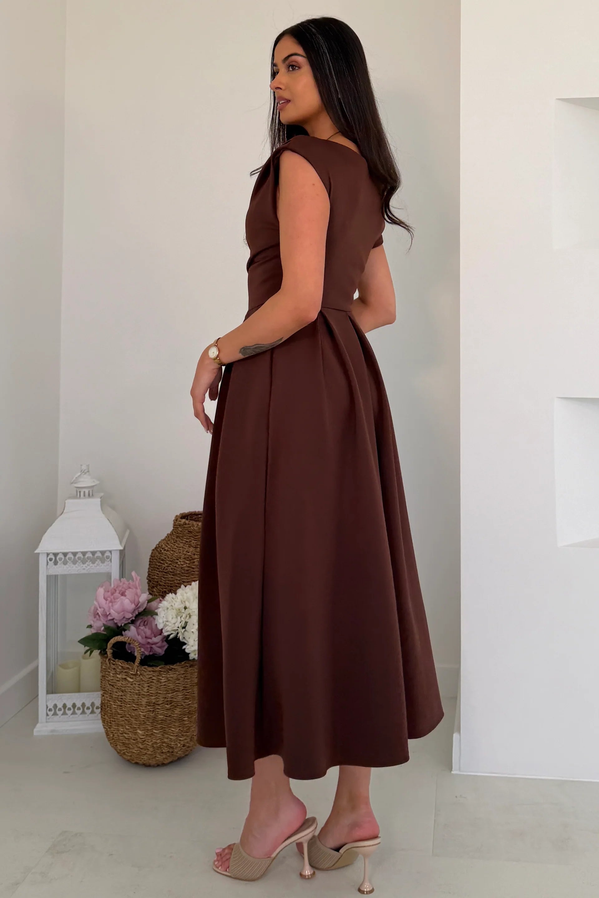 Girl In Mind Betty Asymmetric Neckline Skater Midi Brown in Brown back view