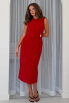 Girl In Mind Louisa red wrap detail midi dress with gold buckle, front model view
