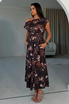 Girl In Mind Betty brown floral asymmetric neckline skater midi dress, angled front model view