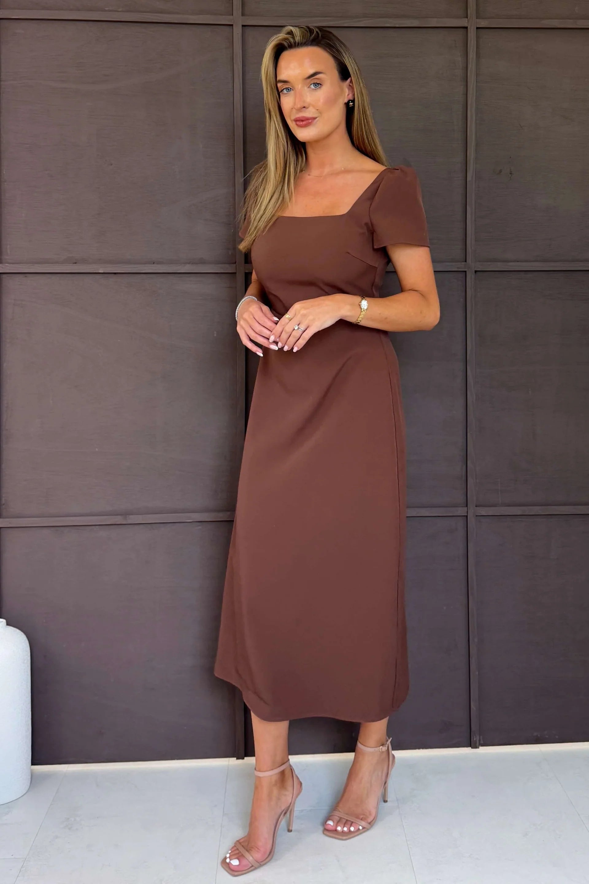 Girl In Mind Valentina brown midi dress, angled model view.
