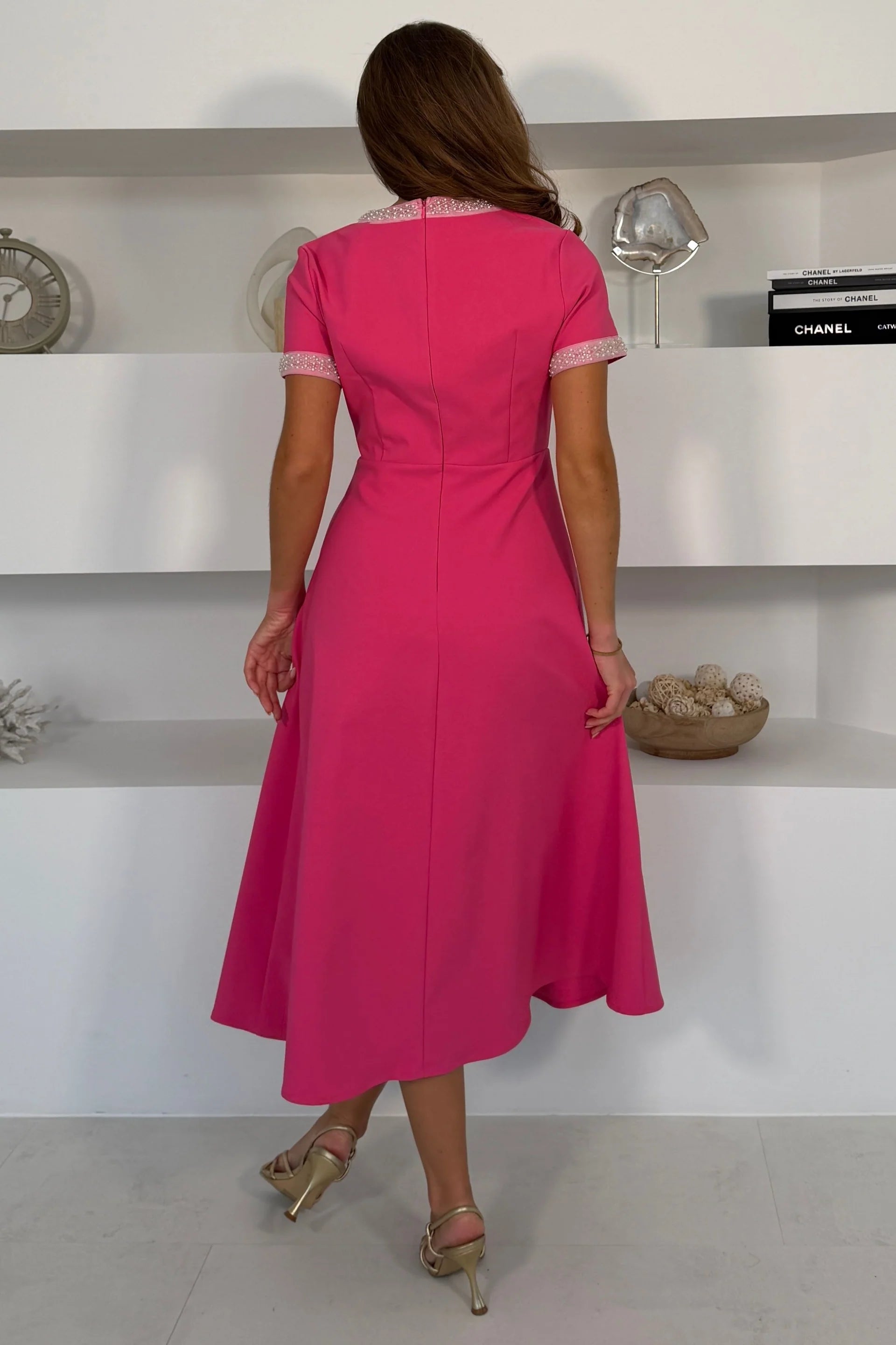 Girl In Mind Natalia beaded midi dress in pink, back model view