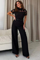 Girl In Mind Darlia black lace detail wide leg jumpsuit with belt, front model view