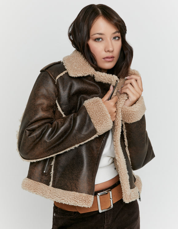Tally Weijl brown aviator jacket with beige shearling trim, close - up model view