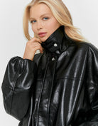Tally Weijl Black Oversized Faux Leather Jacket worn by model, collar view