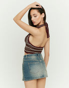 Tally Weijl burgundy and beige sequin knit crop top, back model view with tie halter neck