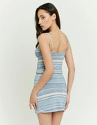 Tally Weijl blue and white striped crop top worn by model, back view