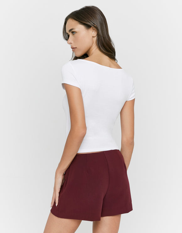 Tally Weijl Burgundy Mini Skort worn by model, back view