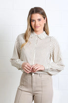 Rant & Rave Stella shirt in brown and white stripe, worn by model, front model view