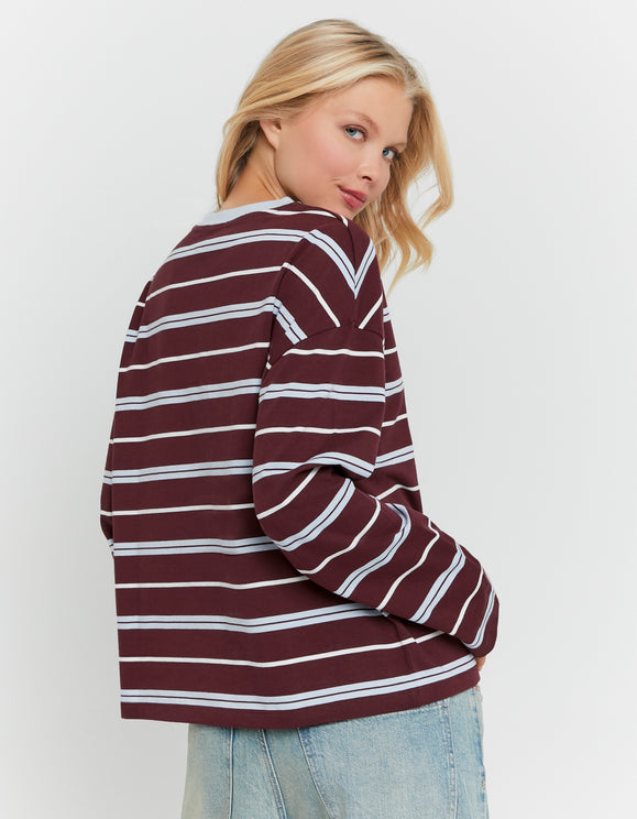 Tally Weijl Burgundy Striped T Shirt worn by model, back view