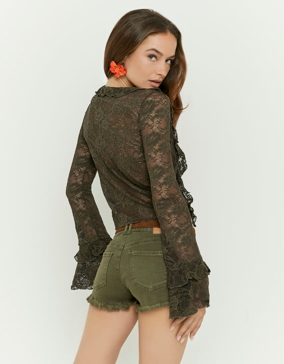 Tally Weijl khaki lace top in green, back model view with sheer lace and flared sleeves