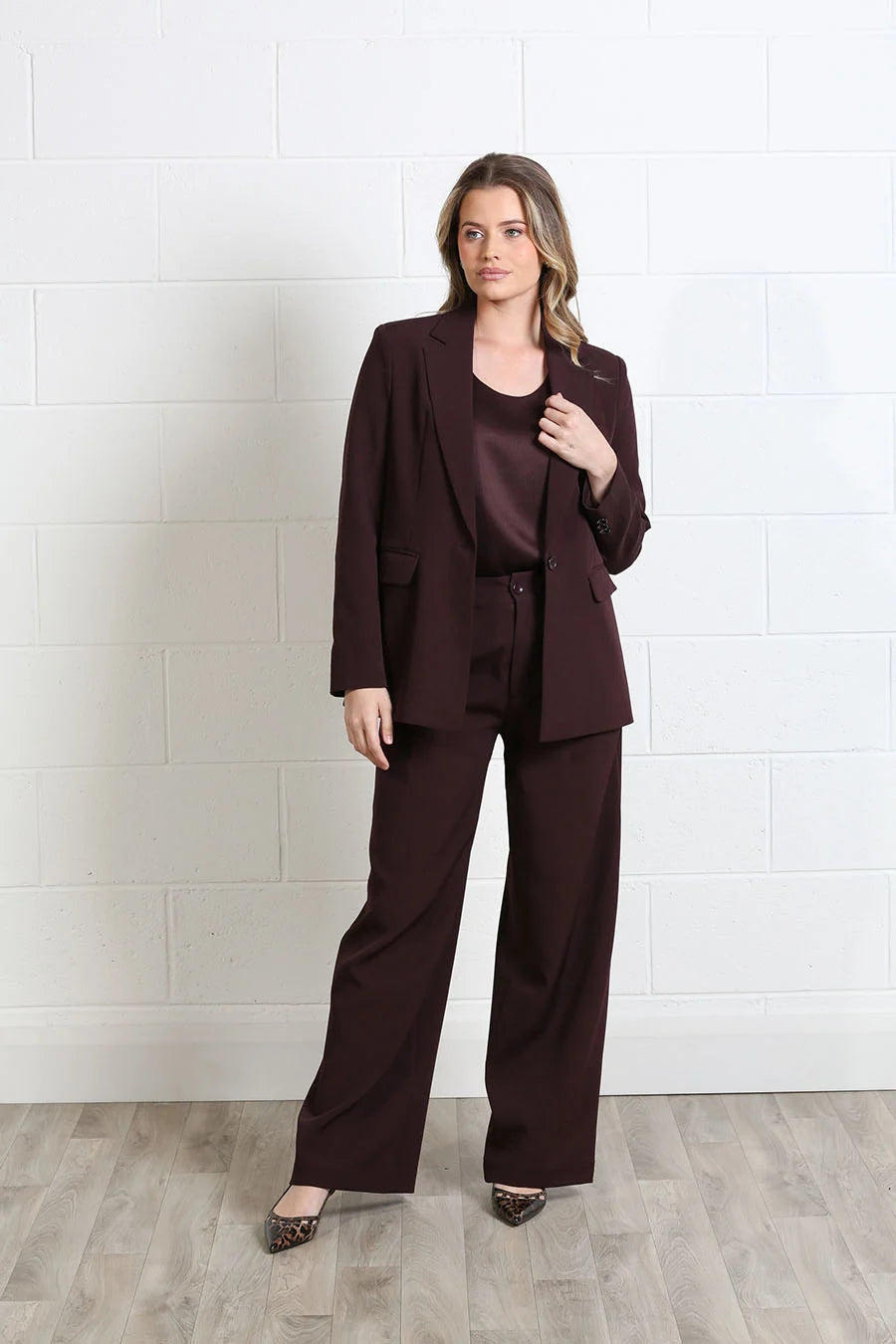 Rant & Rave Tabitha blazer in aubergine, full - length angled model view.