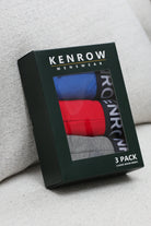 Kenrow Menswear 3 Pack Classic Boxer Briefs including blue, red, and grey pairs in a