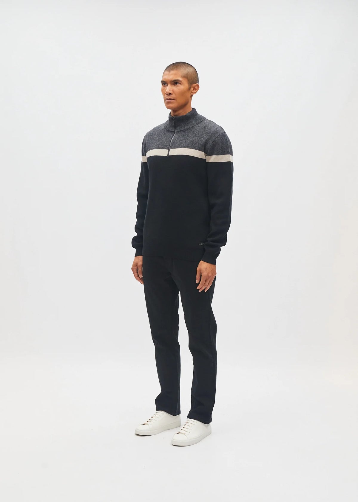 Diesel Tully Half Zip Charcoal Marl sweater worn by model, angled front view