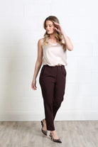 Rant & Rave Valerie Slim Trouser in aubergine, angled model view with tapered leg silhouette