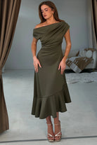 Girl In Mind Felicity asymmetric frill midi dress in khaki, front view worn by model