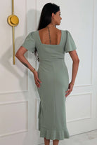 Girl In Mind Darcie sage frill midi dress back view with square back neckline