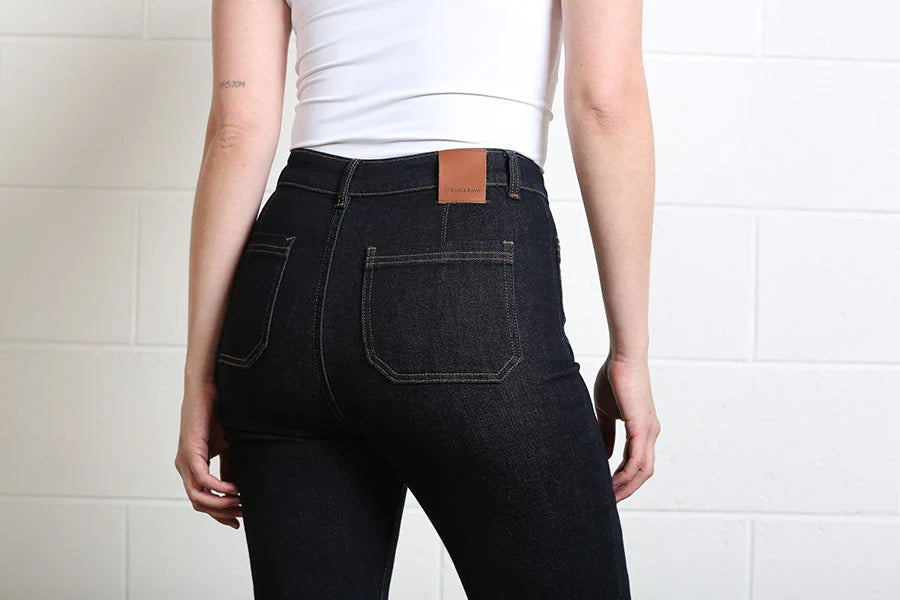 Back detail of Rant & Rave Abigail wide leg jean in Raw Wash with patch pockets.