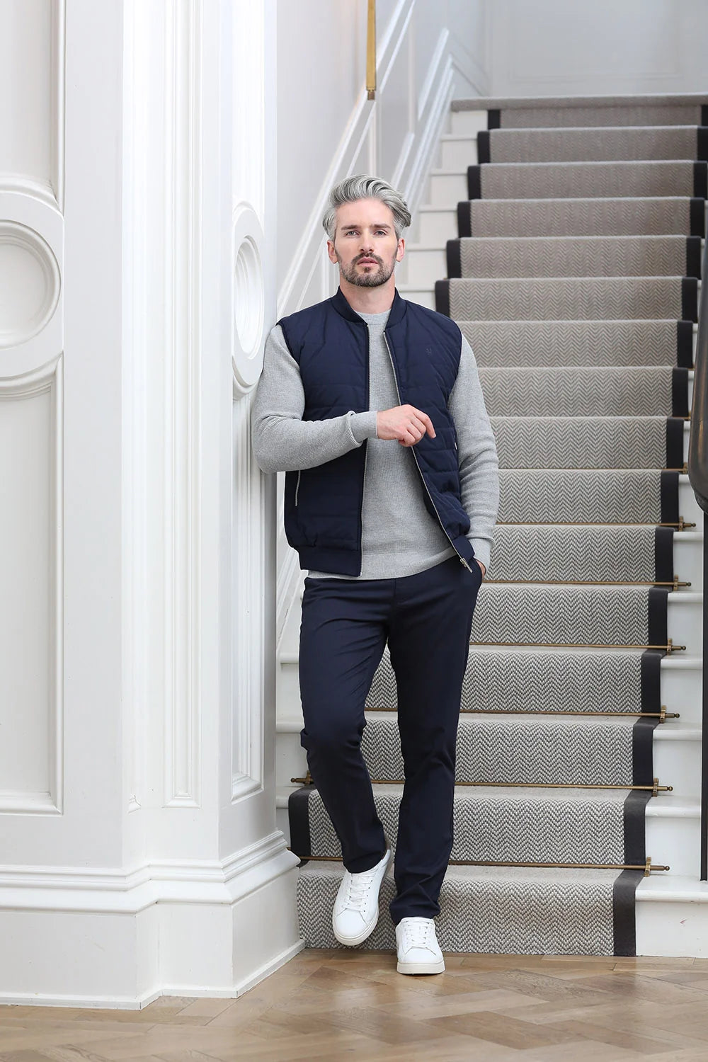 Kenrow Andy Gilet Navy angled model view styled with grey jumper and navy trousers