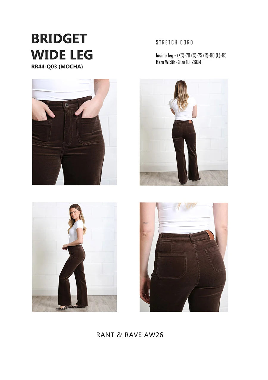 Product details for the Rant & Rave Bridget Cord Wide Leg mocha trousers, featuring stretch cord and various fit views.
