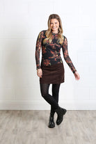 Rant & Rave Charlotte cord skirt in mocha, front model view styled with a fitted printed top and ankle boots.