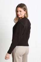 Rant & Rave Claire Cardigan in dark brown, back view showing knit texture