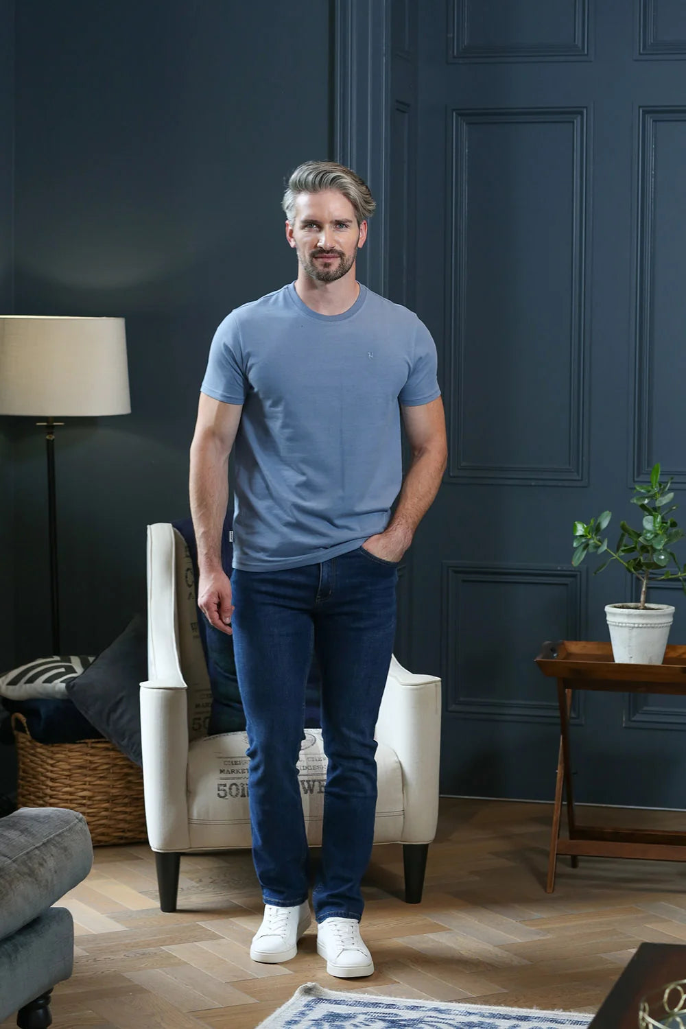 Kenrow Connor Tee in powder blue worn by model, front view with hand in pocket